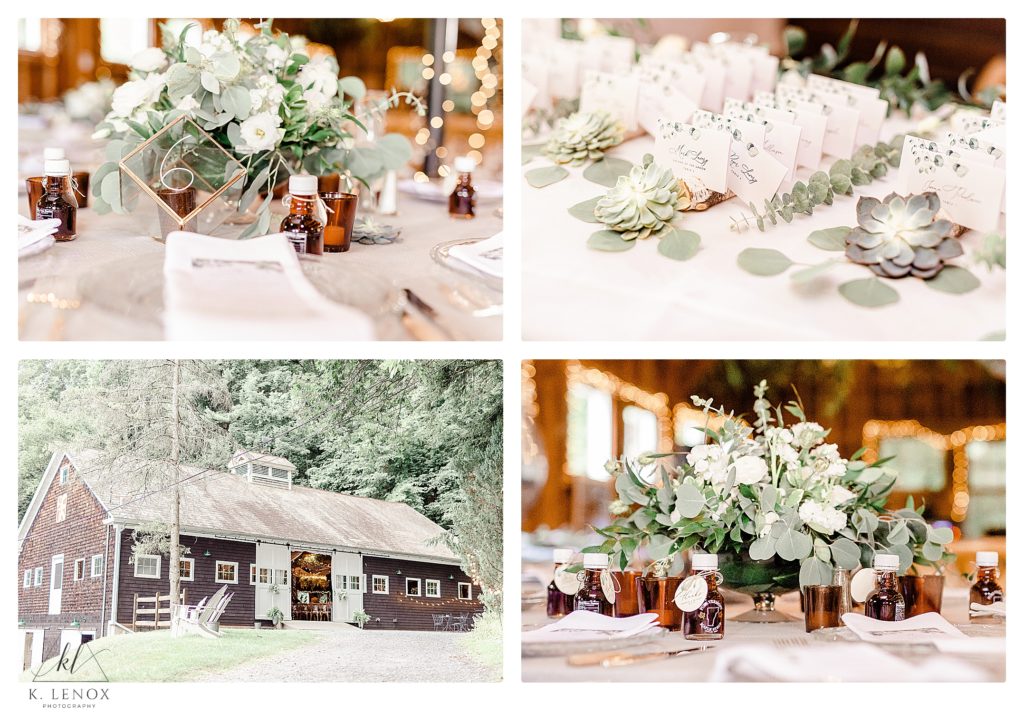 West Mountain inn wedding reception detail photos showing the barn and floral centerpieces. 