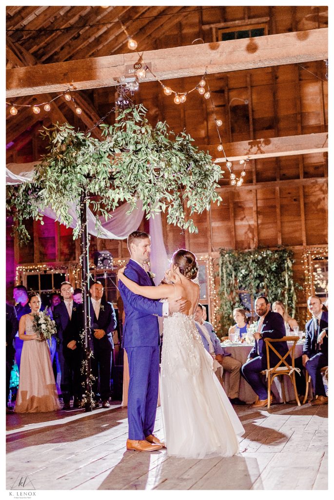 Wedding at The West Mountain Inn- Bride and Groom share their first dance in the barn. 