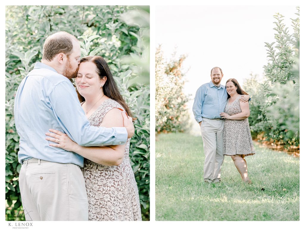 Man and Woman, dressed with business casual attire have their Light and Airy Engagement Session at Alyson's Orchard