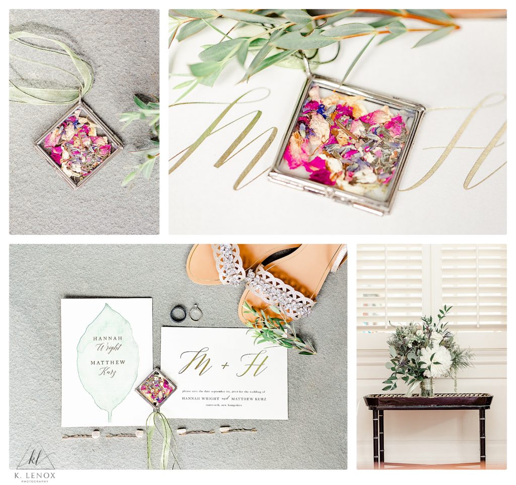Variety of wedding day details from a simple Tamworth NH Wedding-  Dried Flower petals, white invitation with gold writing, bridal bouquet with white flowers and greenery. 