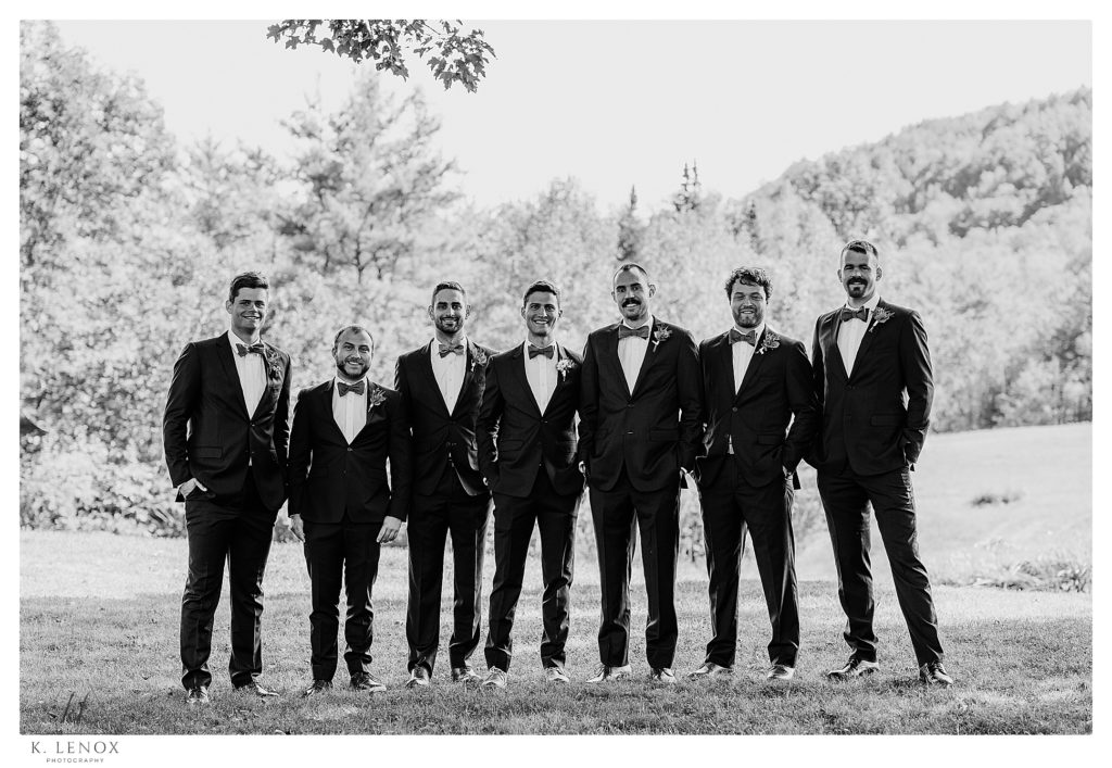 Black and White photo taken of the groom and his groomsmen before their simple Tamworth NH Wedding. 