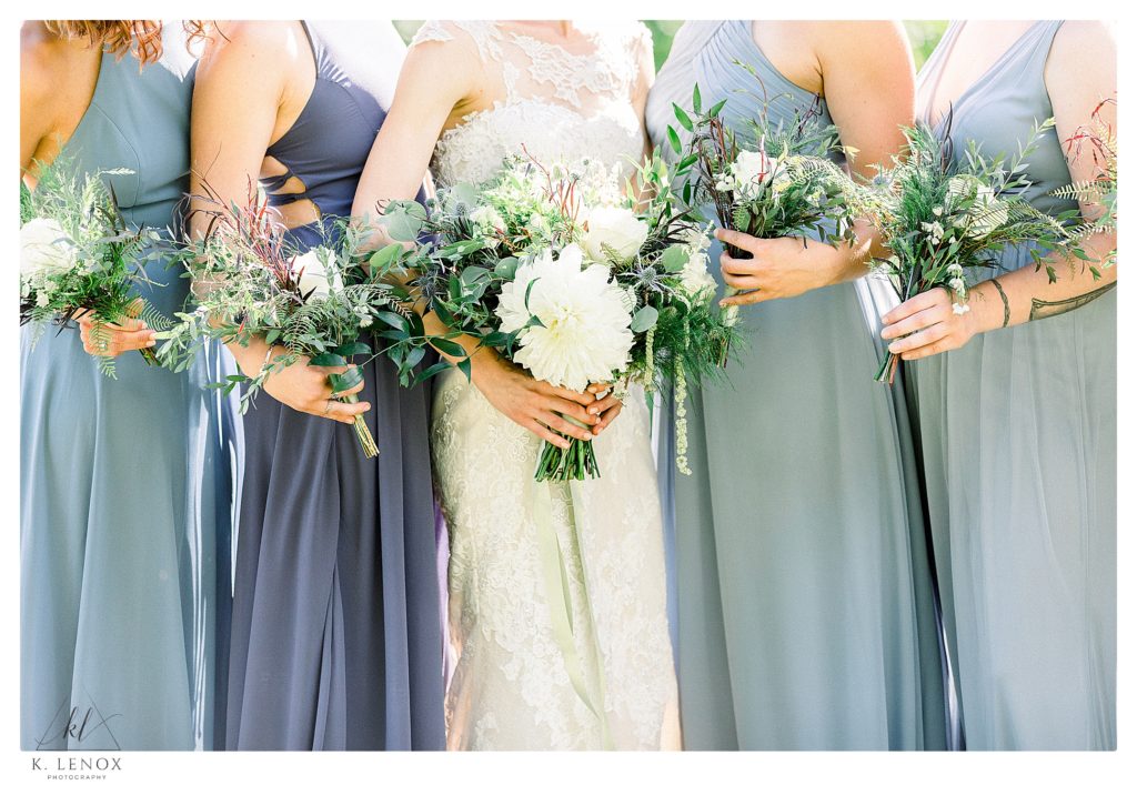 Detail photos of Bridal bouquets showing white flowers and greenery. 