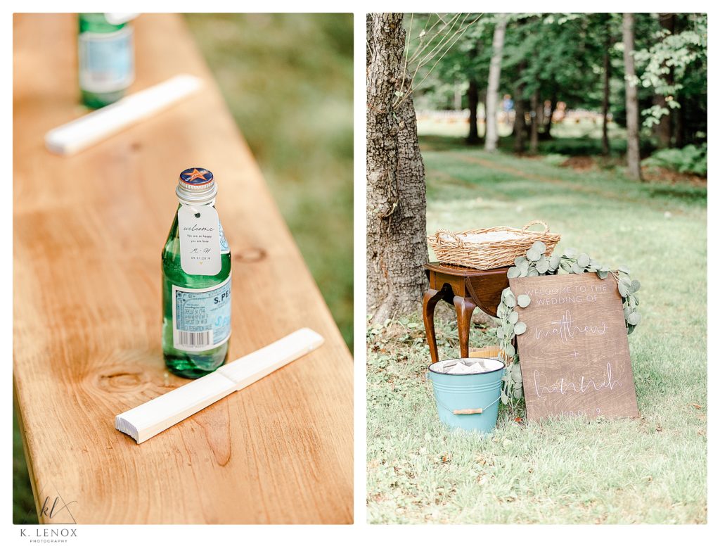Light and Airy photo of a wedding ceremony details showing the wedding sign, and bottles of water on the ceremony benches. 