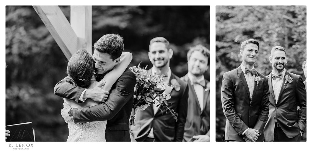 Black and White photos showing a groom seeing his bride for the first time as she walks down the aisle. 