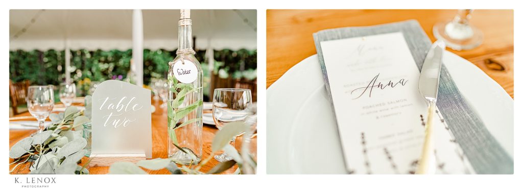 White Tented Wedding decor for a simple and classic wedding in Tamworth Nh. - plate with a personalized menu