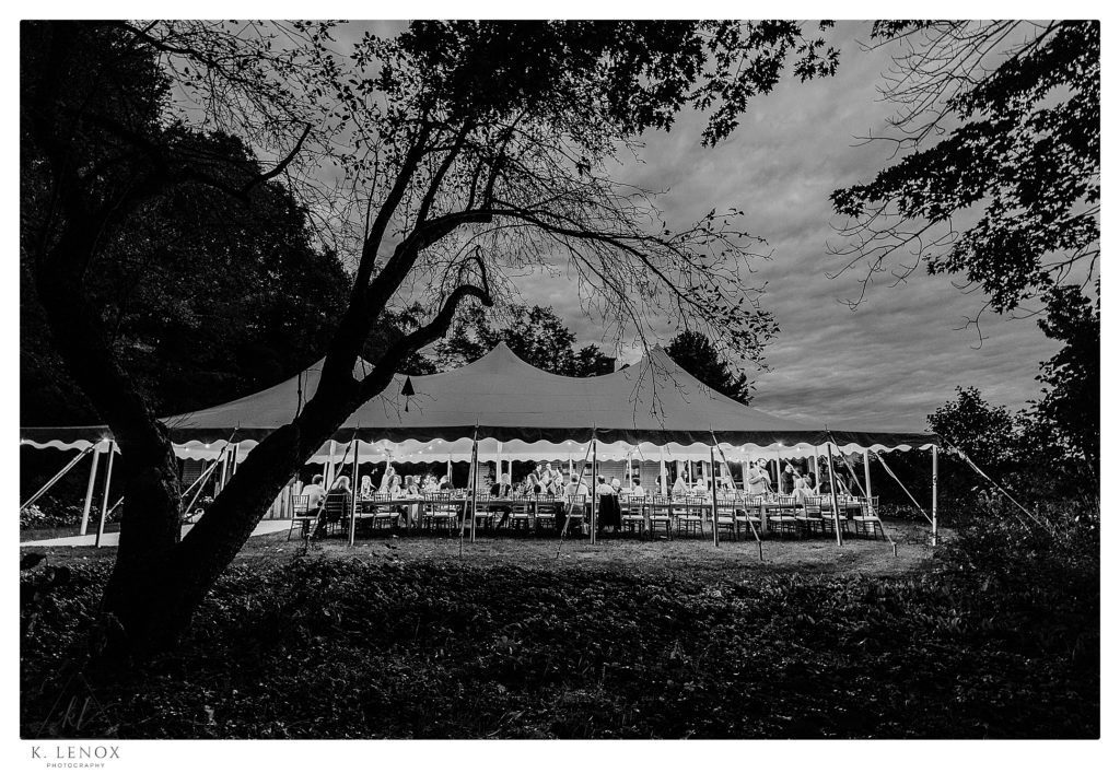 Black and White photo of a Tented wedding reception in Tamworth NH. 