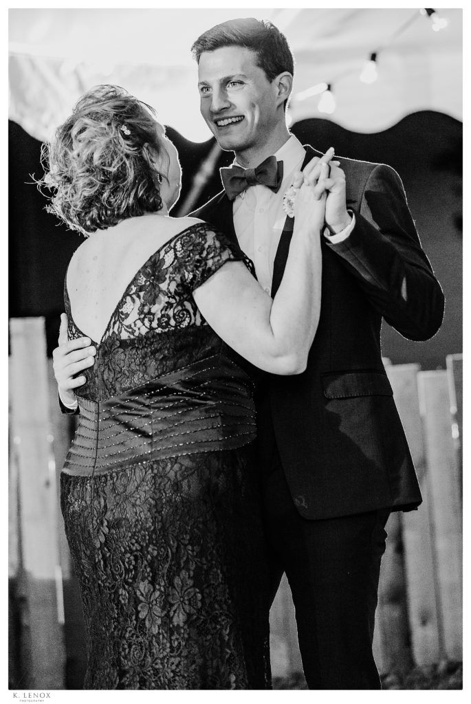 Black and White photo of a Mother/Son Wedding Dance during a simple wedding in Tamworth NH