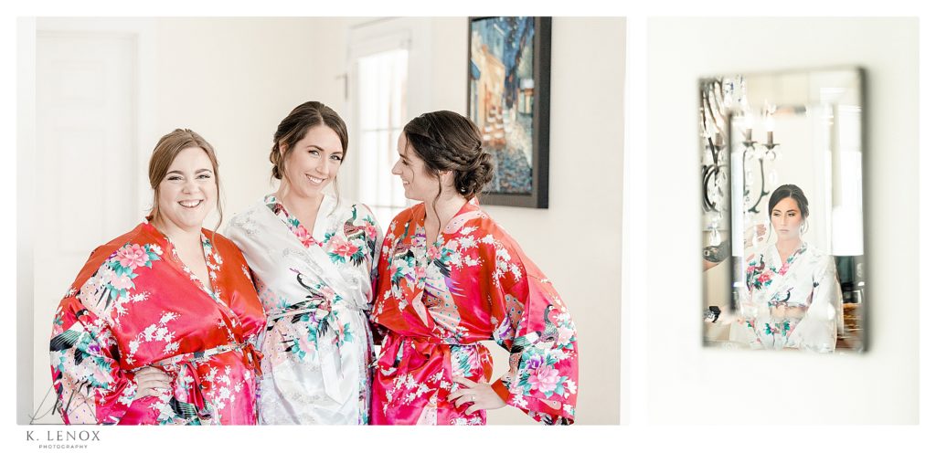 Three ladies wearing floral silk robes get a photo before getting all dressed up for a wedding at Topnotch Resort. 