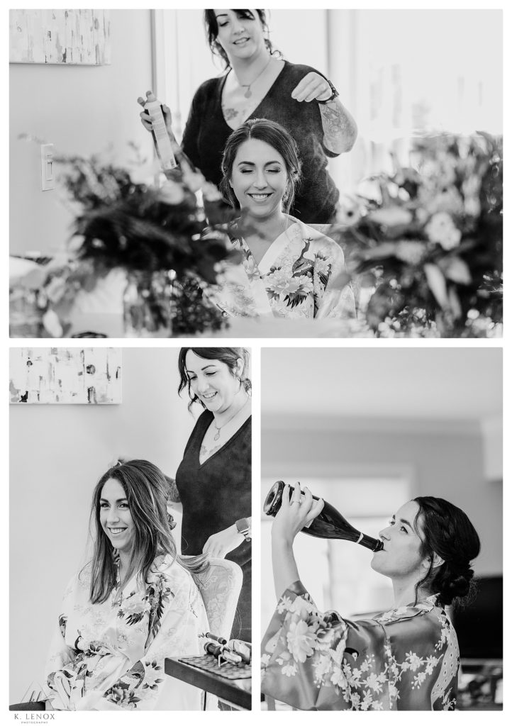 Series of Black and White photos showing a bride wearing a silk floral robe getting ready on her wedding day. 