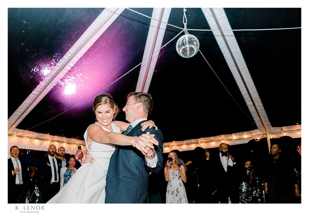 Bride and Groom dance their first dance at Lakefalls lodge in NH.  