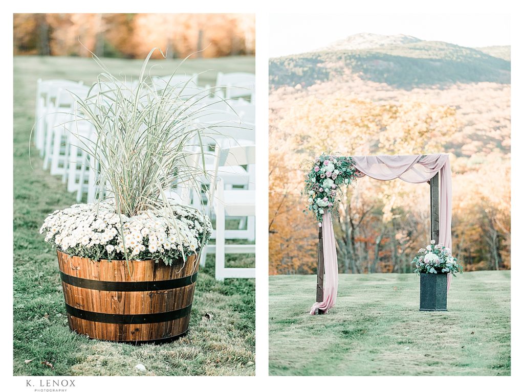 Wedding Ceremony for a Fall Wedding at the Grandview Estates.  PIctures showing an arbor and flowers. 