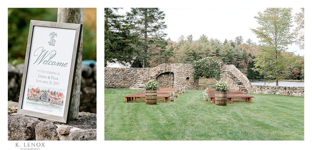 Ceremony location decorated with vast flowers, and benches for this Fall wedding at Lake Falls Lodge