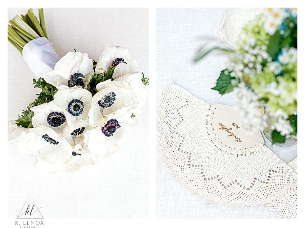 Various detail photos showing a bridal bouquet with White and Blue flowers. 