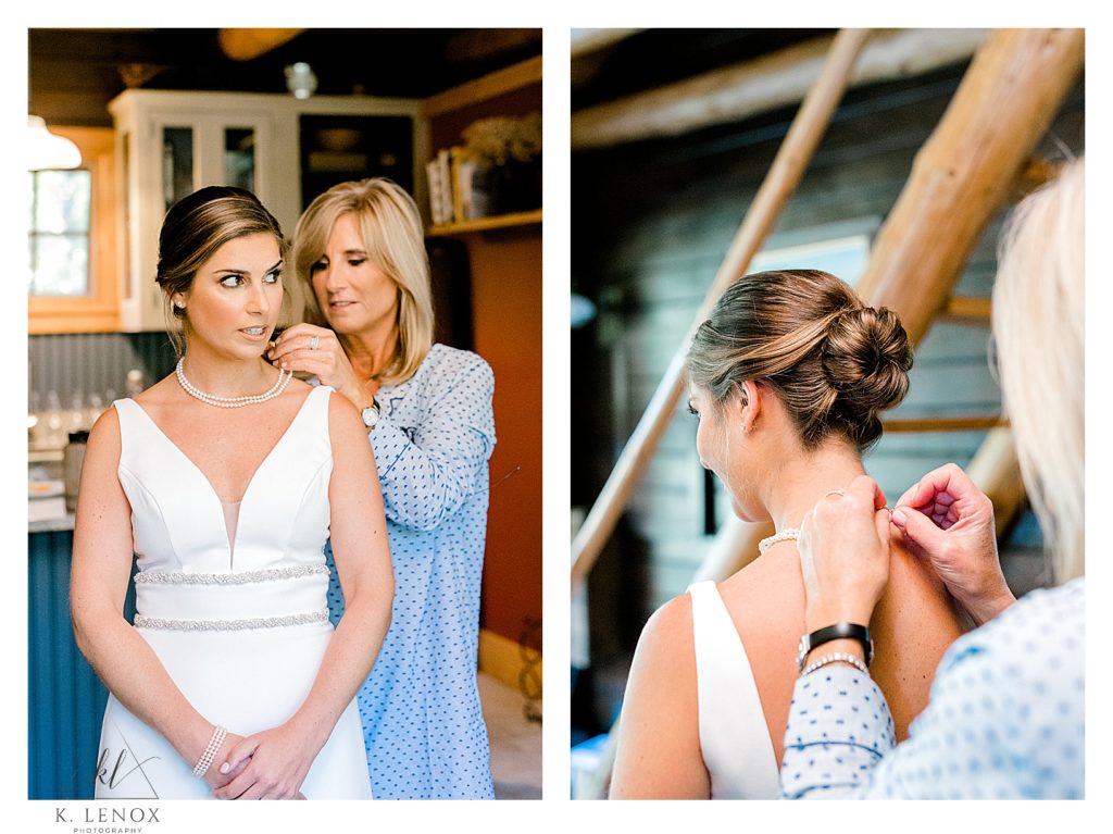Bride getting ready in a cabin at Lake Falls lodge for her Fall Wedding in NH. 