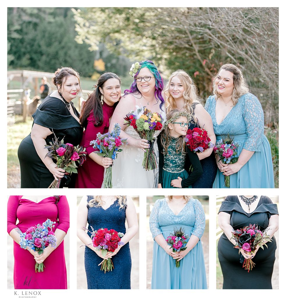 Bride with Bridesmaids wearing various color dresses and mix-matching bouquets. 