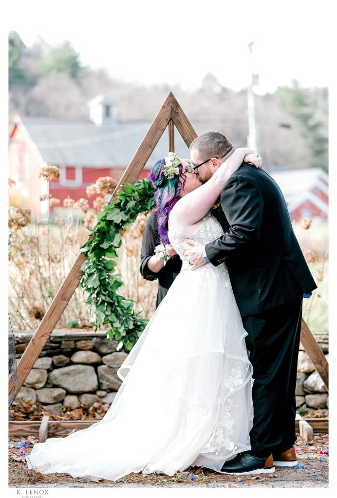 First Kiss-Wedding Ceremony at Stonewall Farm in Keene NH. 