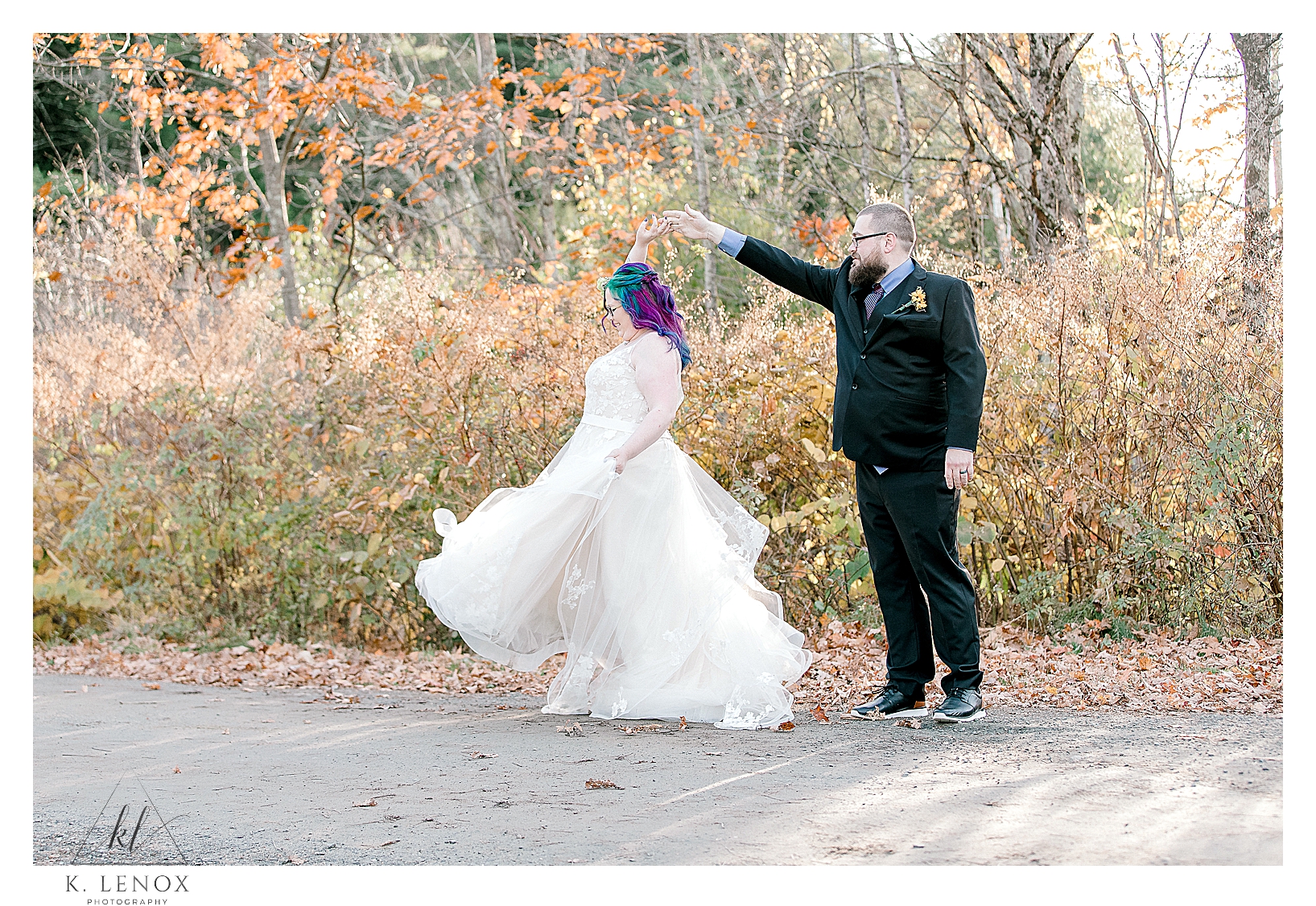 Bride and Groom twirl outside stonewall farm for their Harry Potter Themed Wedding