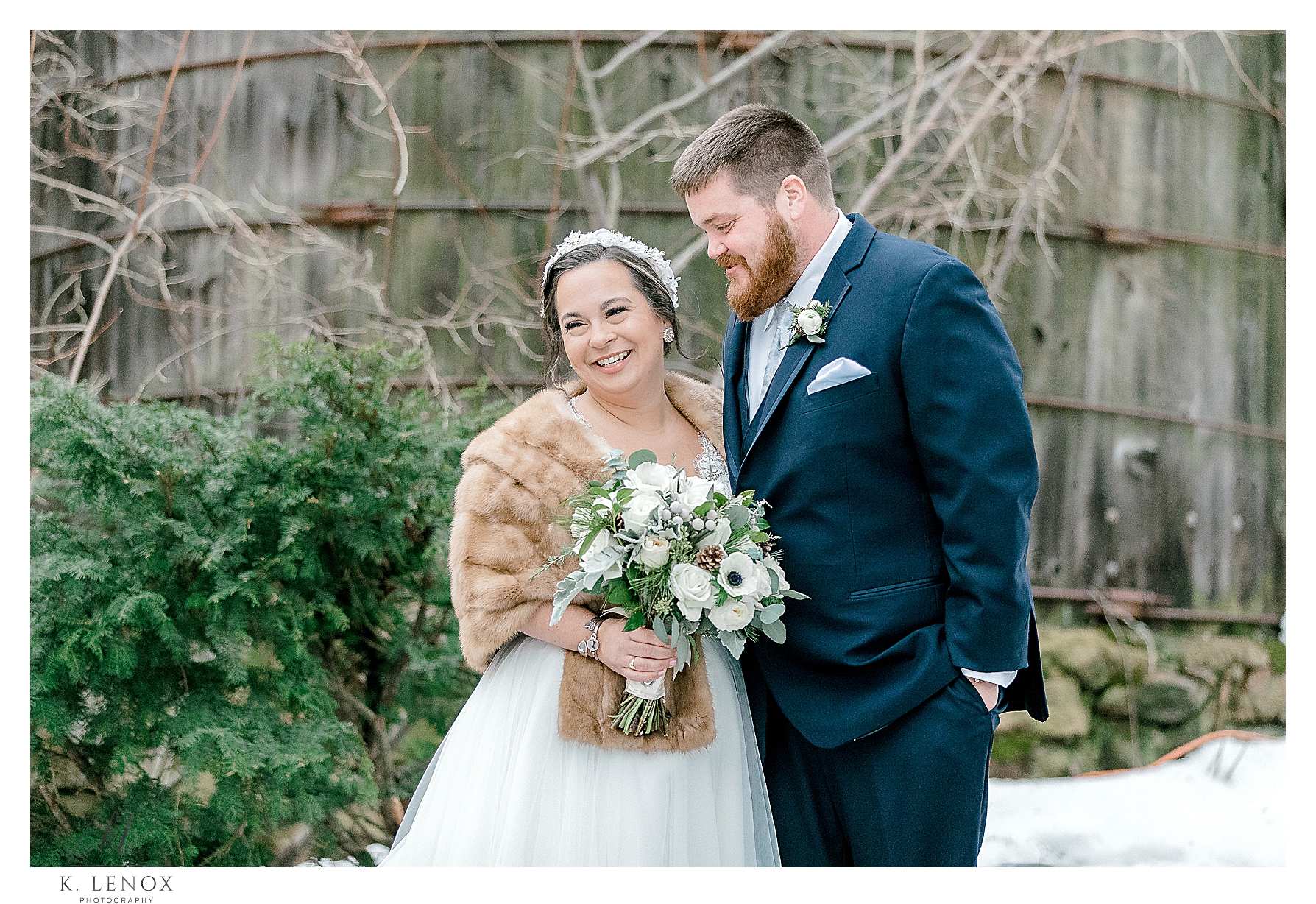 Bride and Groom at a Winter wedding at the Bedford Village Inn
