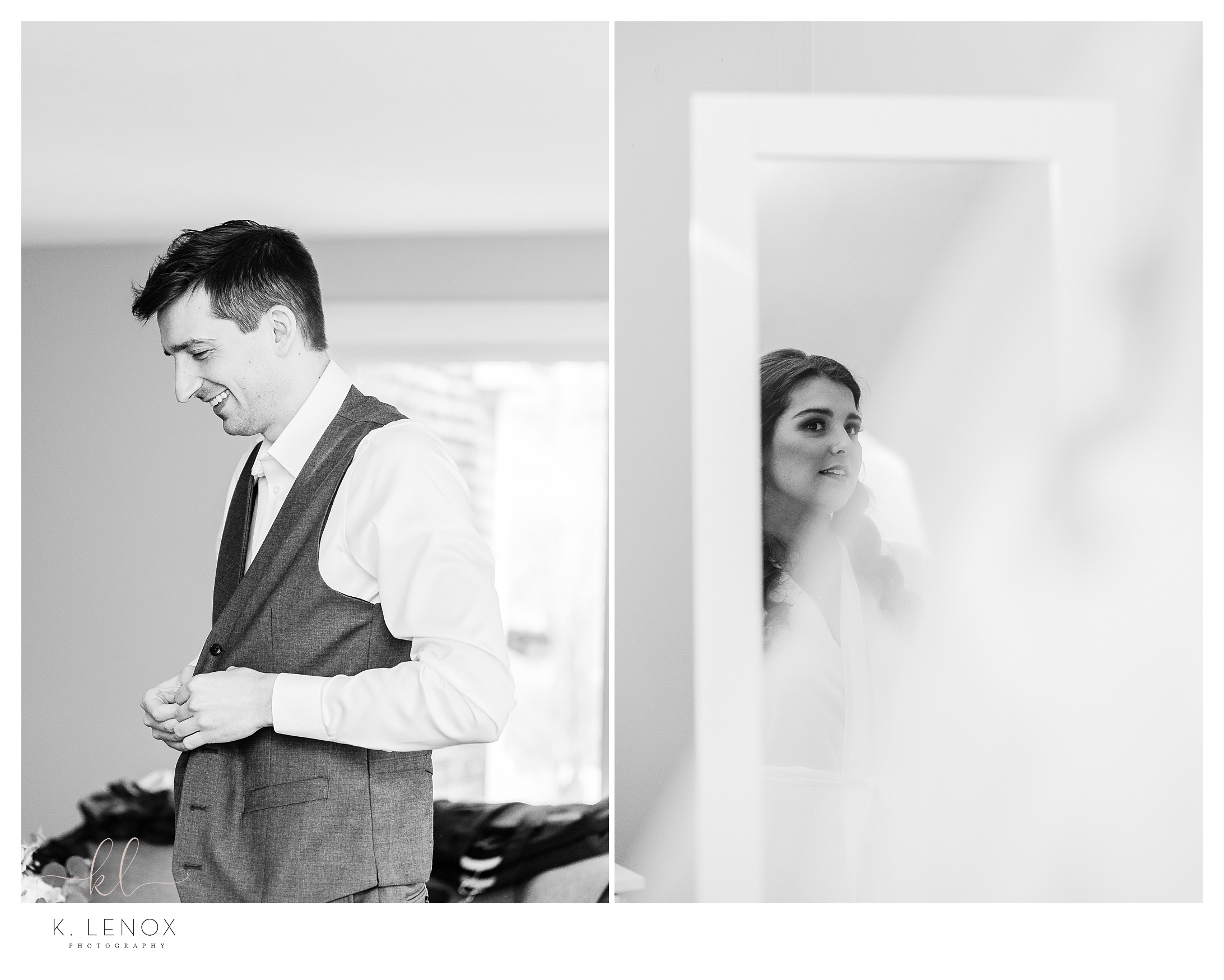 Black and white photos showing a bride getting ready and a groom getting ready. 