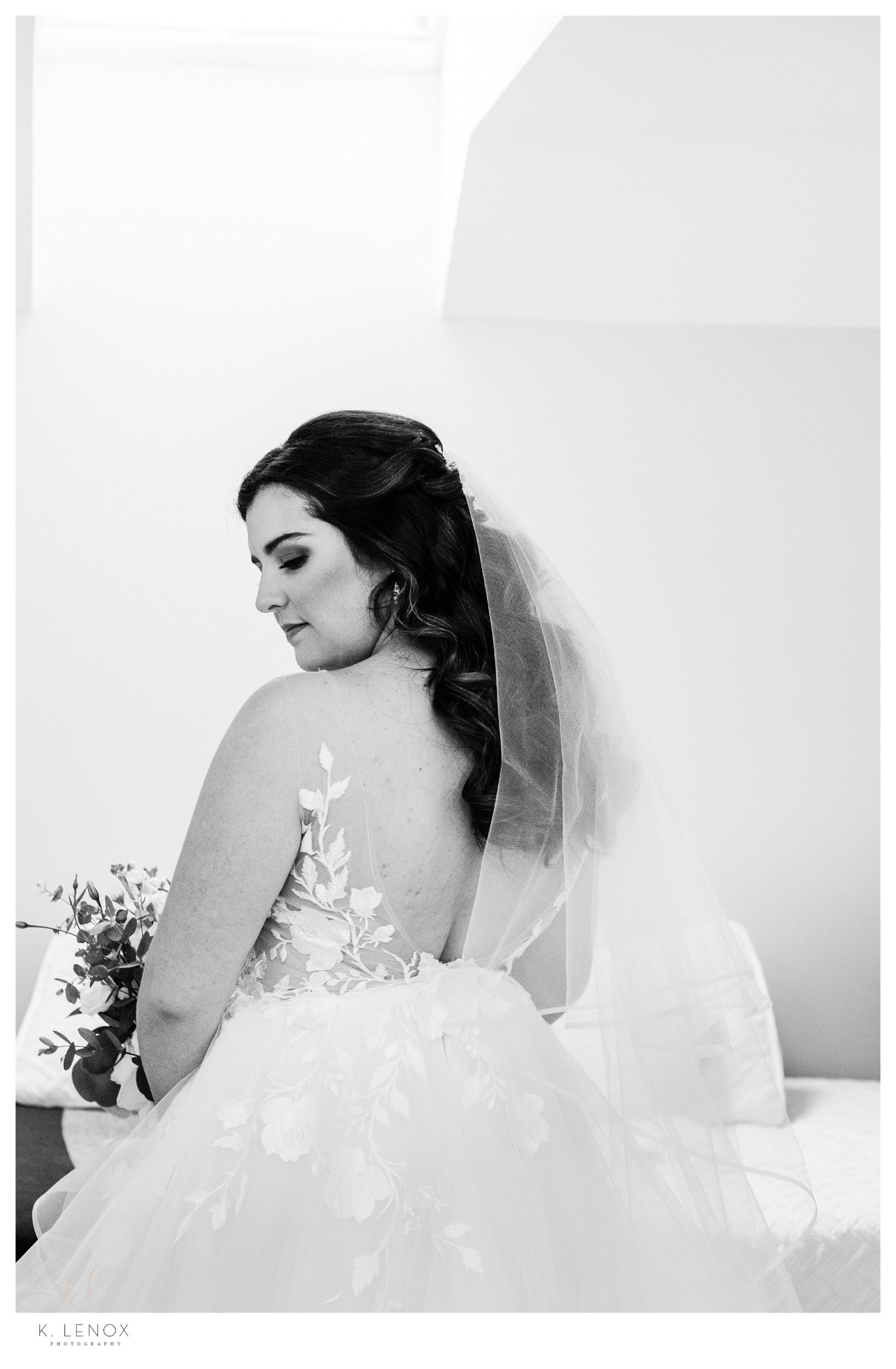 Beautiful Backyard Micro Wedding -  Black and White photo of a bride on her wedding day. 