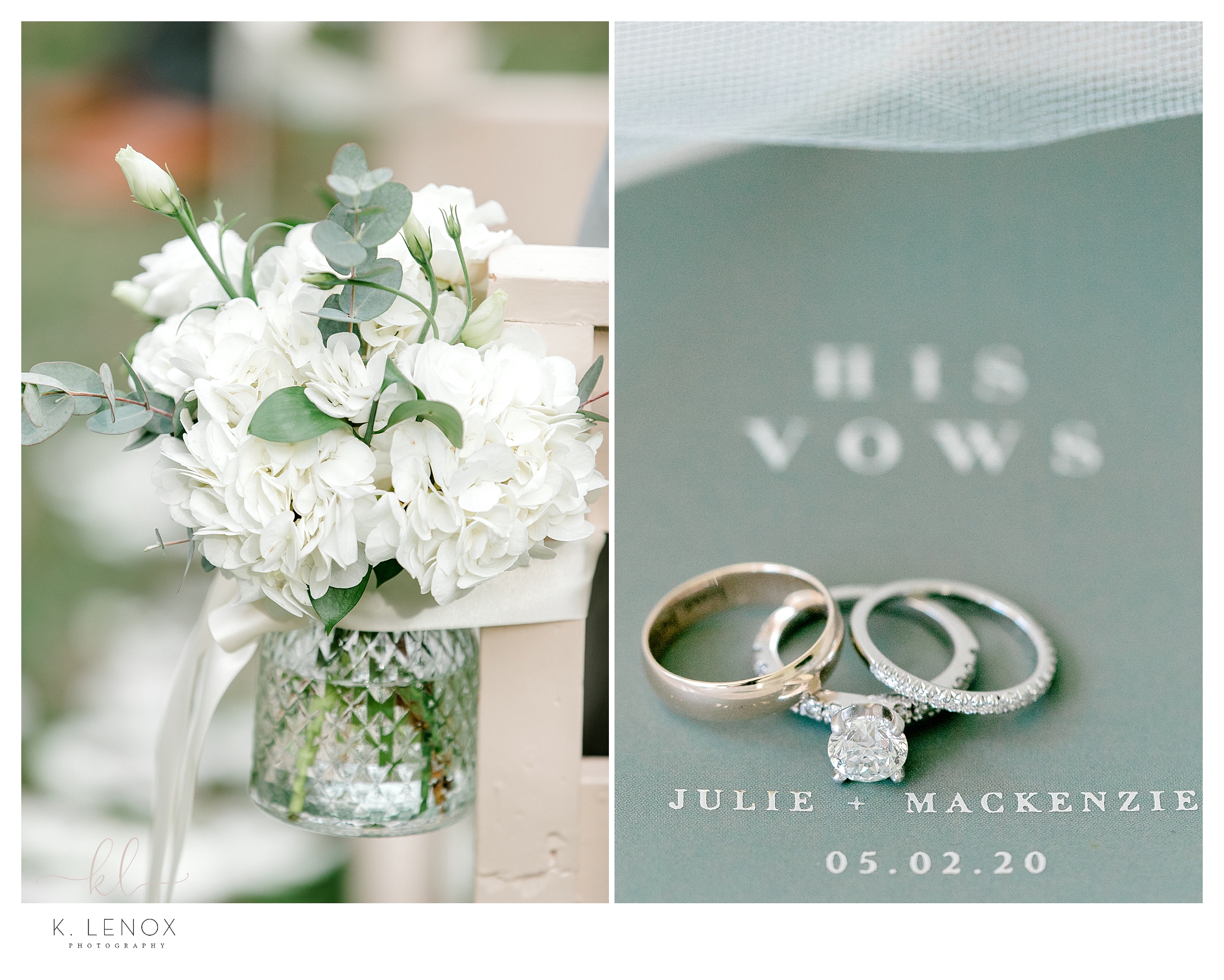 Beautiful Backyard Micro Wedding - Detail photos showing white flowers and wedding rings. 
