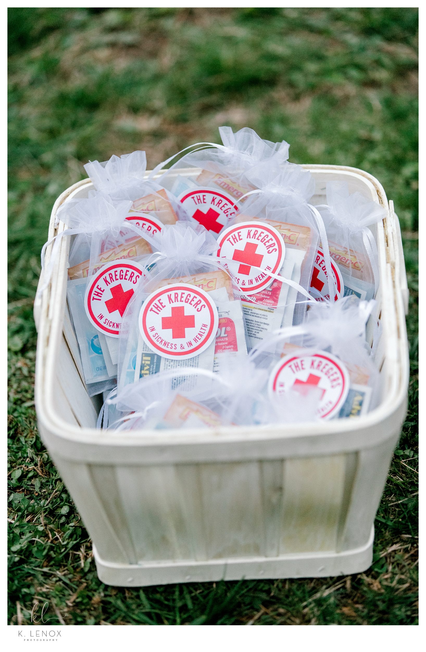 Beautiful Backyard Micro Wedding - related to Covid 19-  Wedding Favors with hand sanitizer and medications. 