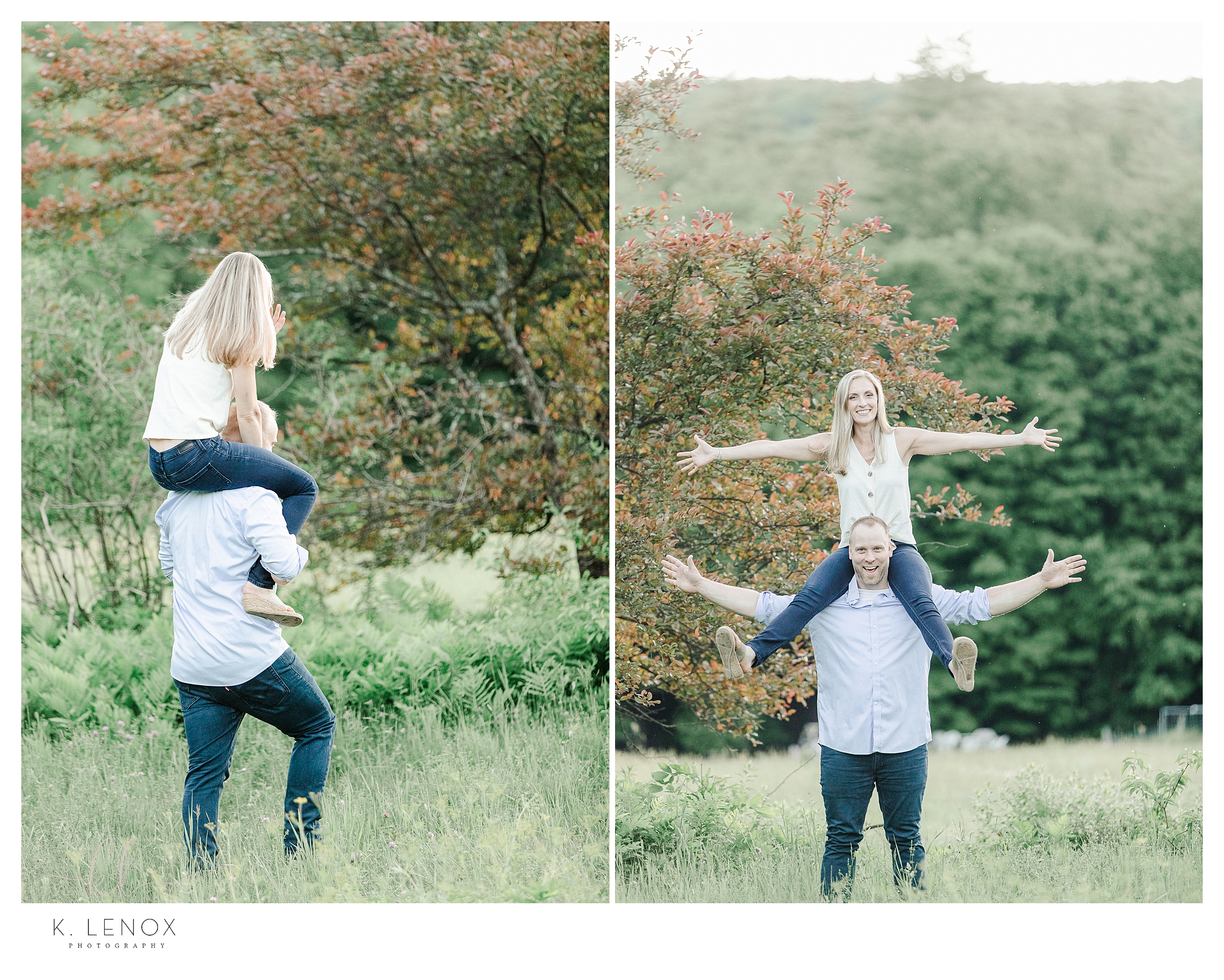 Man and woman goofing around.  Woman on mans shoulders during a NH Engagement Session in Keene