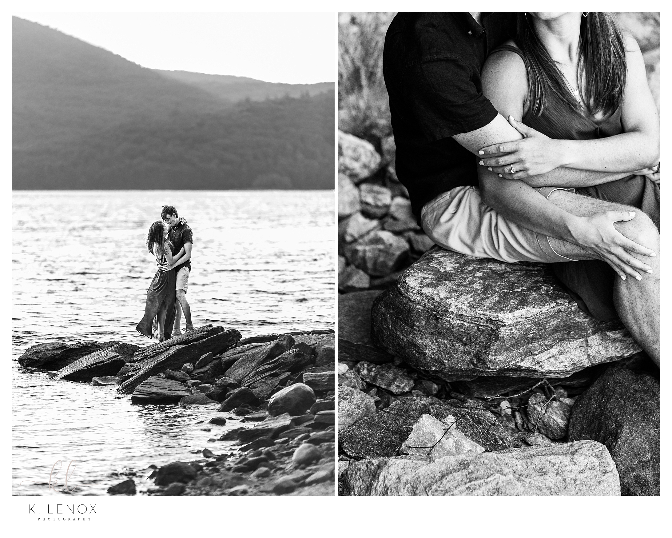 Engagement Session on the shore of the Harriman Reservoir in Wilmington VT.   Man and Woman together on the rocks at sunset. 