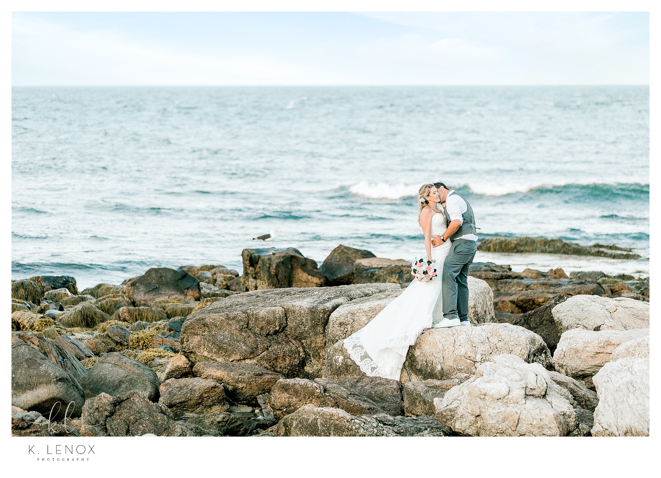 Bride and Groom on the Coast in Maine for a Light and Airy portrait on their wedding day. 