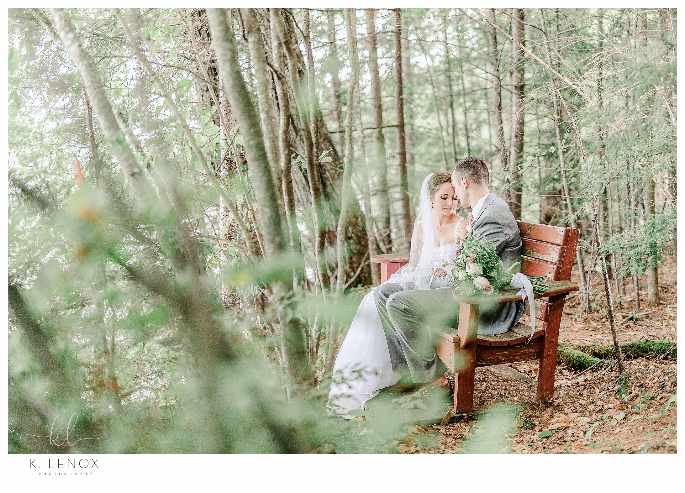 Intimate Wedding Celebration in Keene- couple sitting on a bench. 