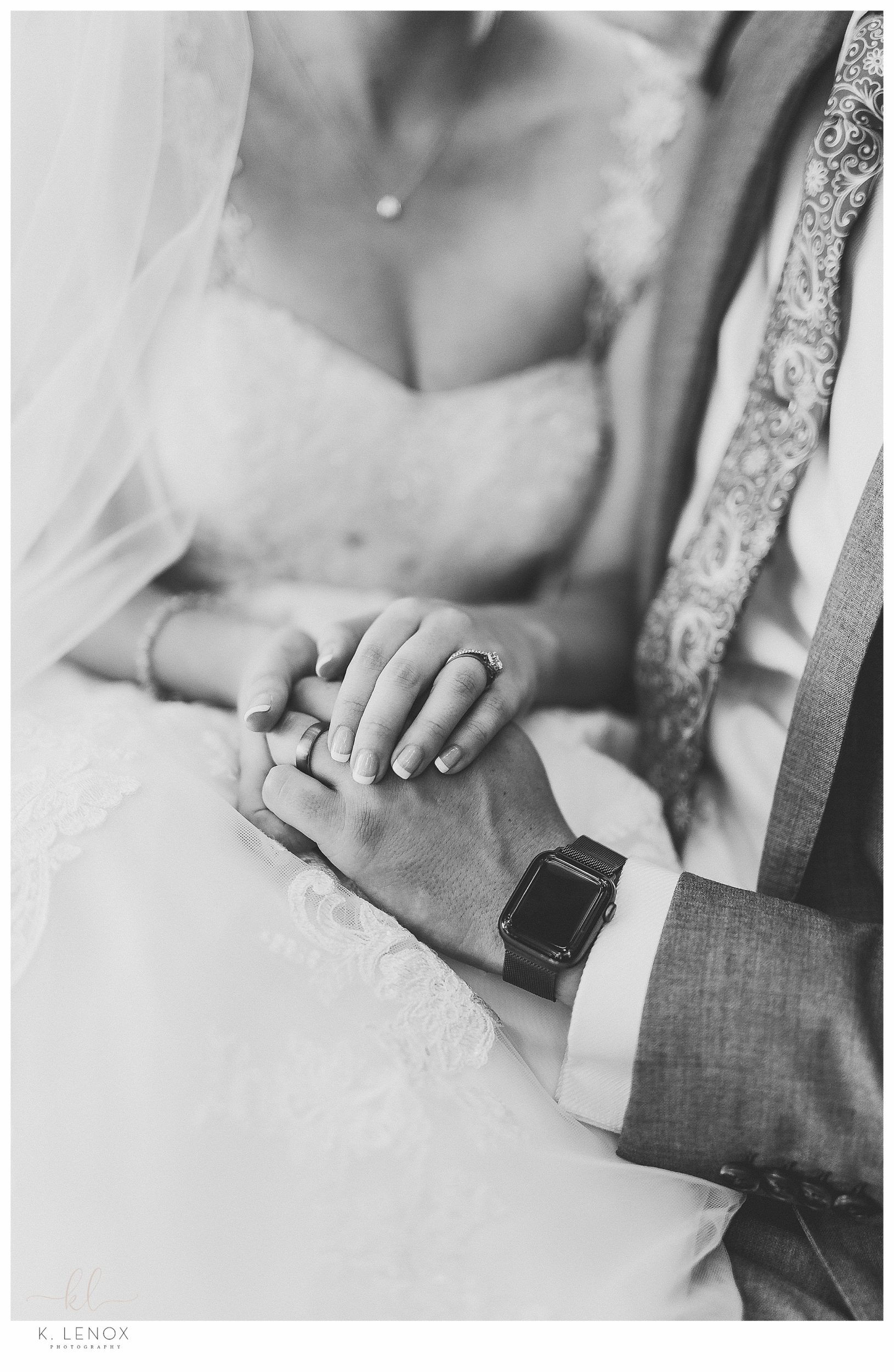 Intimate Wedding Celebration in Keene- black and white detail photo showing the couples hands. 