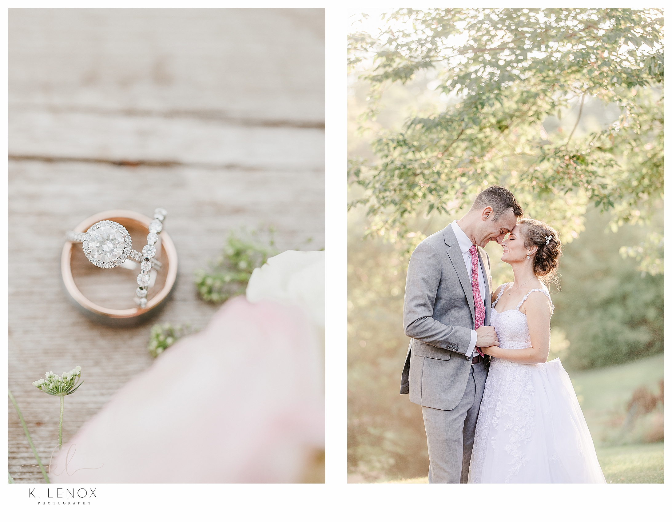 Intimate Wedding Celebration in Keene- sunset photo of a bride and groom and a detail shot of the rings. 