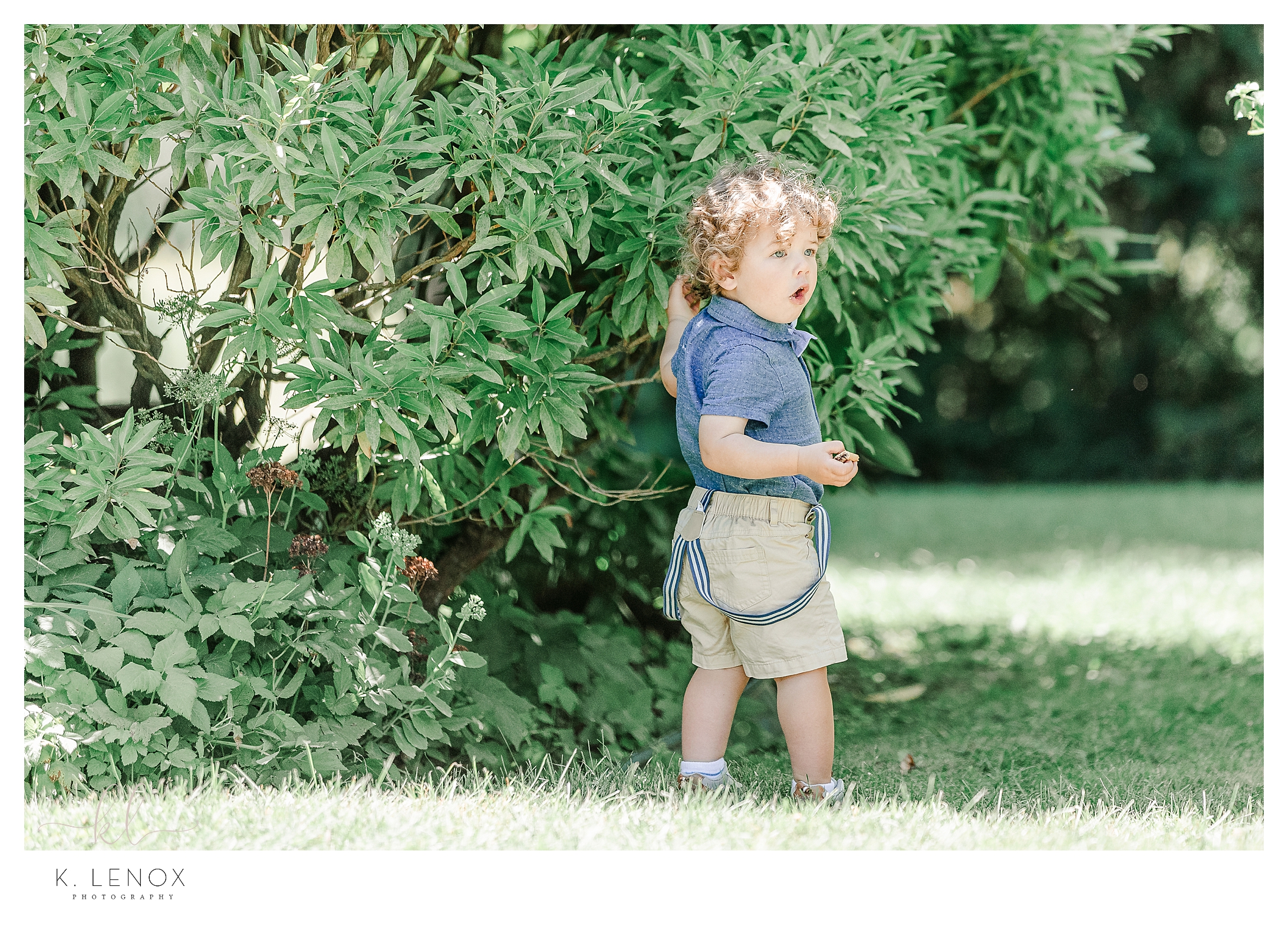 Little boy shows surprisement while standing near a bush.  