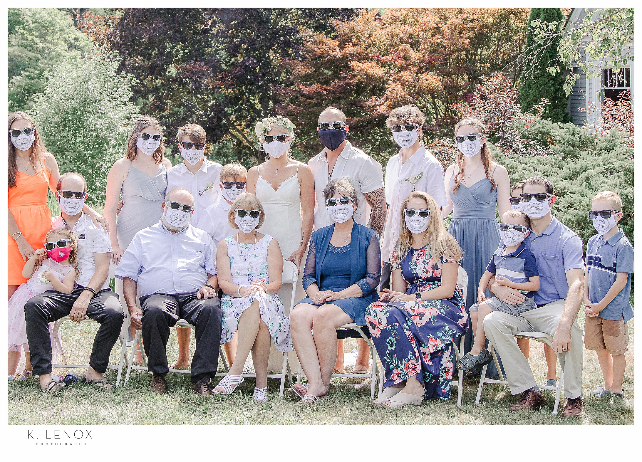 Light and Airy Micro Wedding at Moran Estates- group shot with people wearing facemasks.  COVID-19