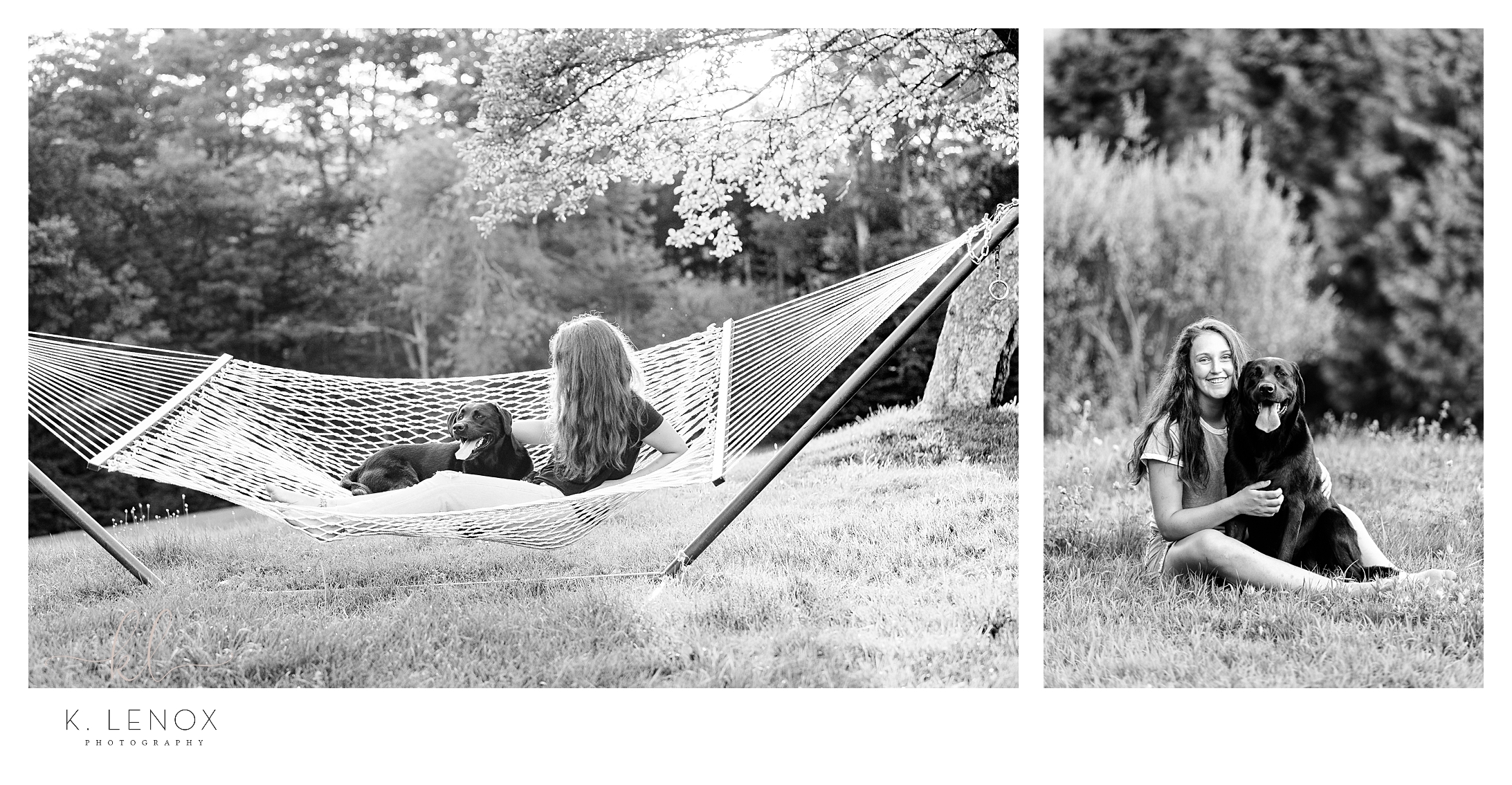 Summer Senior Photos In Keene- Black and white photos of a girl with her black lab. 