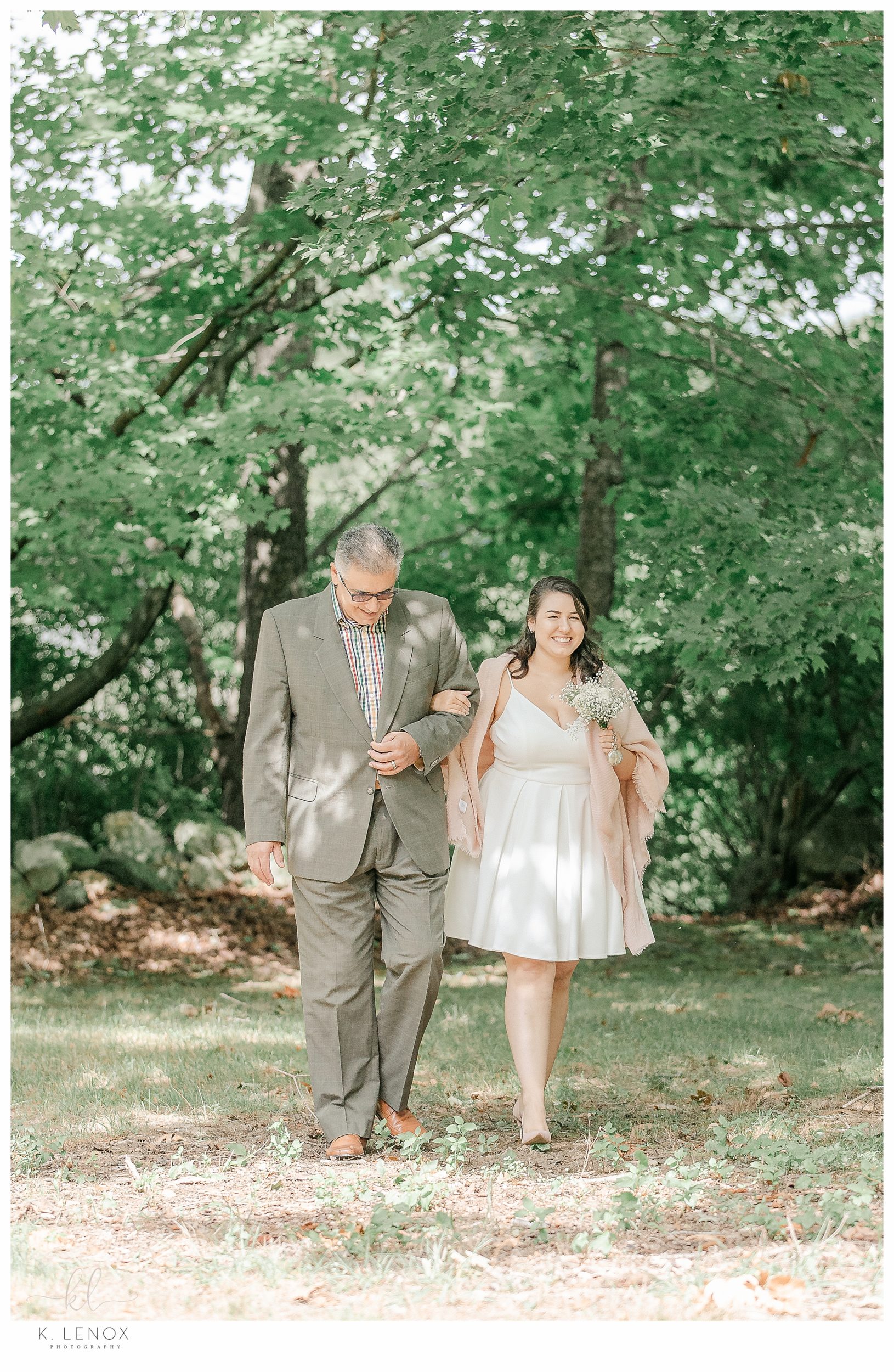 Backyard Elopement- Father walks Bride down the aisle.  Light and Airy Photo. 