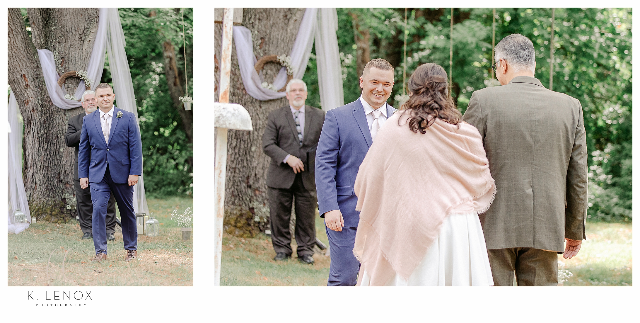 Light and Airy Backyard Elopement- showing the groom meeting his bride-to-be