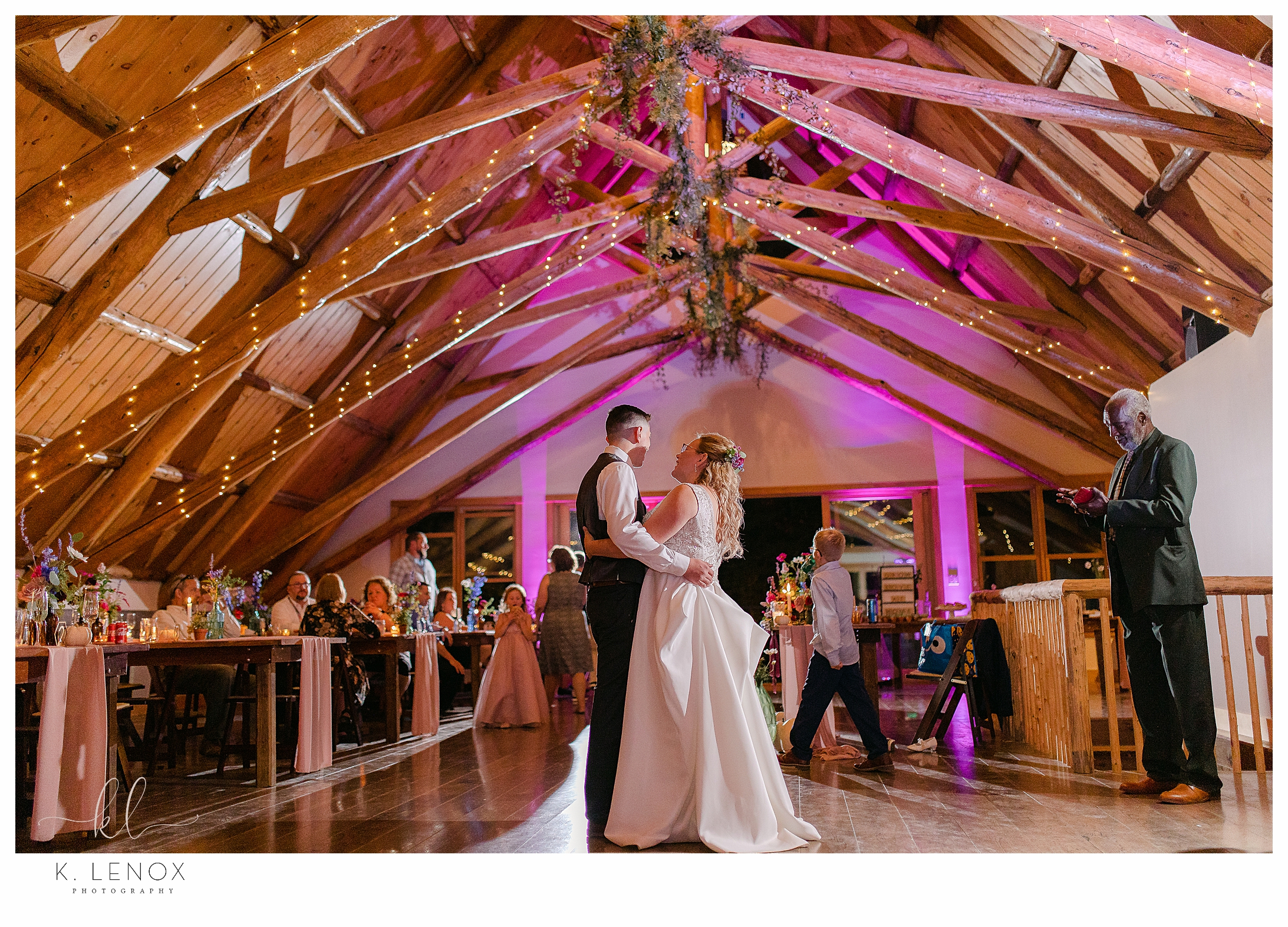 Wedding at Lake Falls Lodge- Inside Barn with uplighting. 