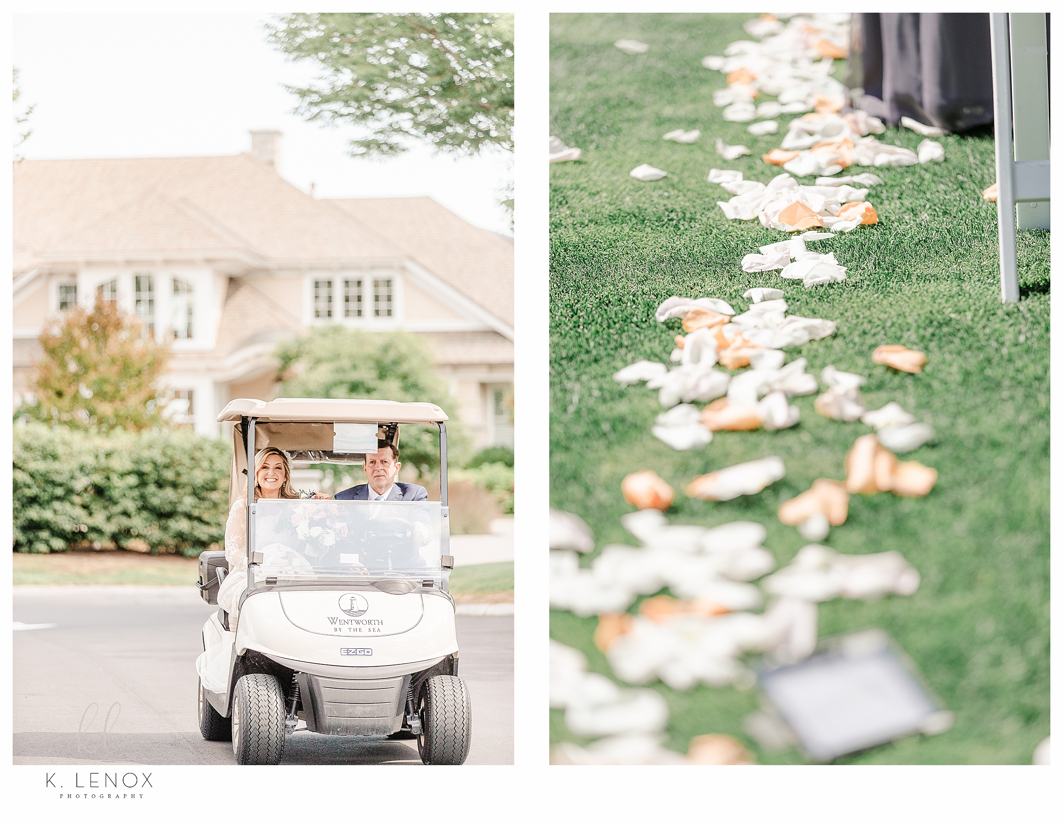 Wedding Ceremony at the Wentworth Country club in Portsmouth NH.  Bride rides in Golf cart before the ceremony. 