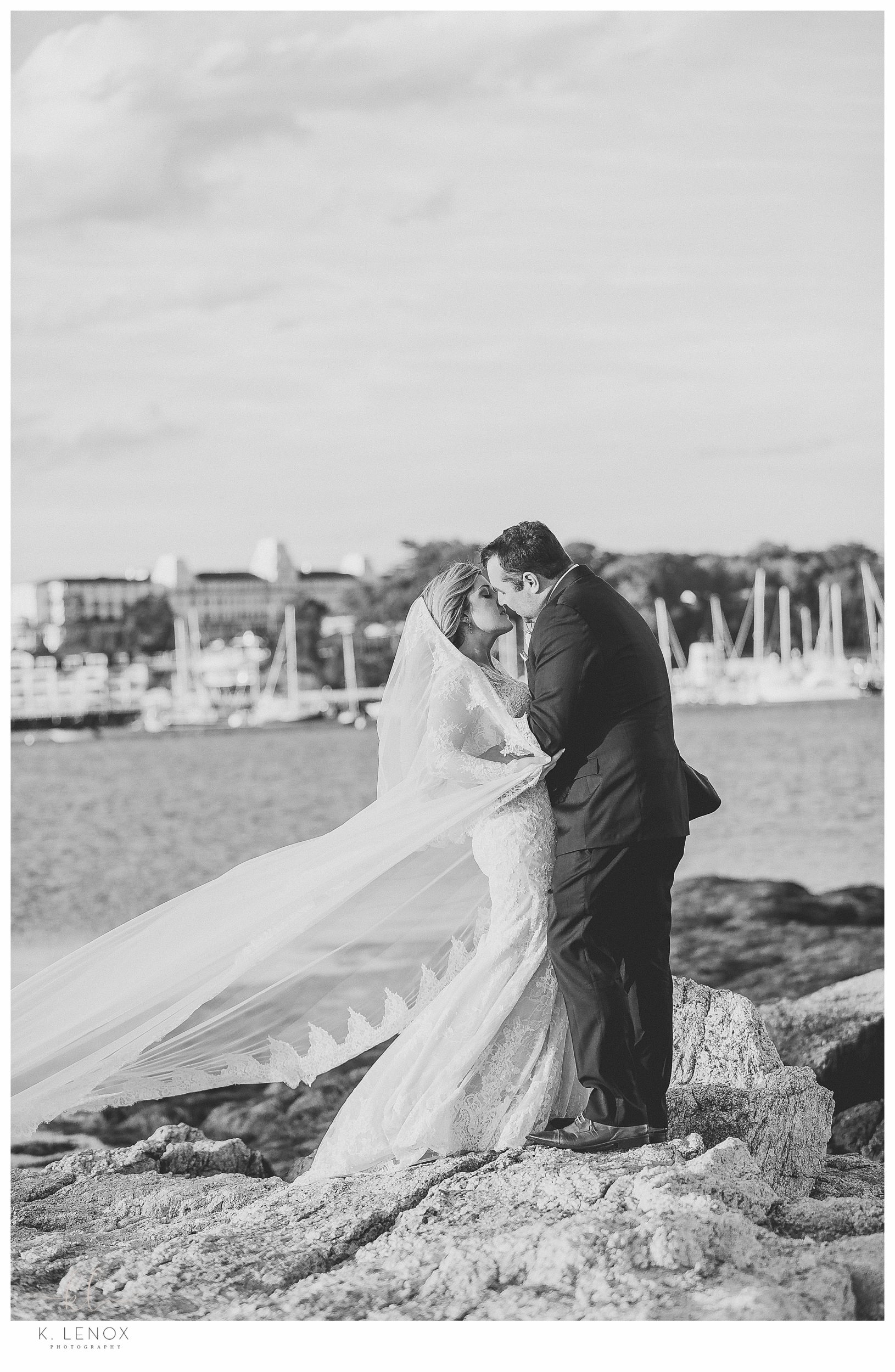 Black and White photo of a bride and groom at the Wentworth Country Club for their wedding. 