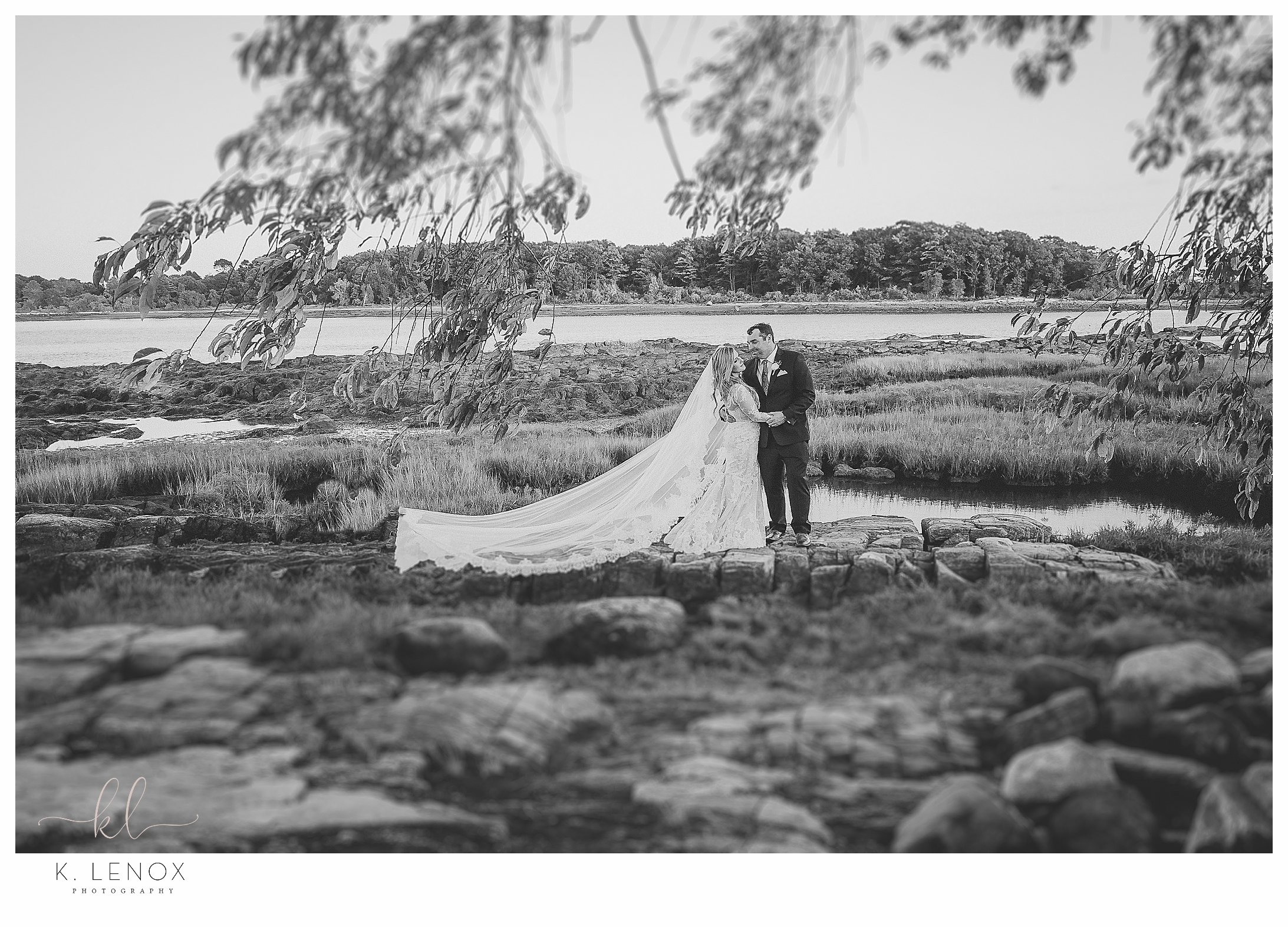 Black and White photo of a bride and groom at the Wentworth Country Club for their wedding. 