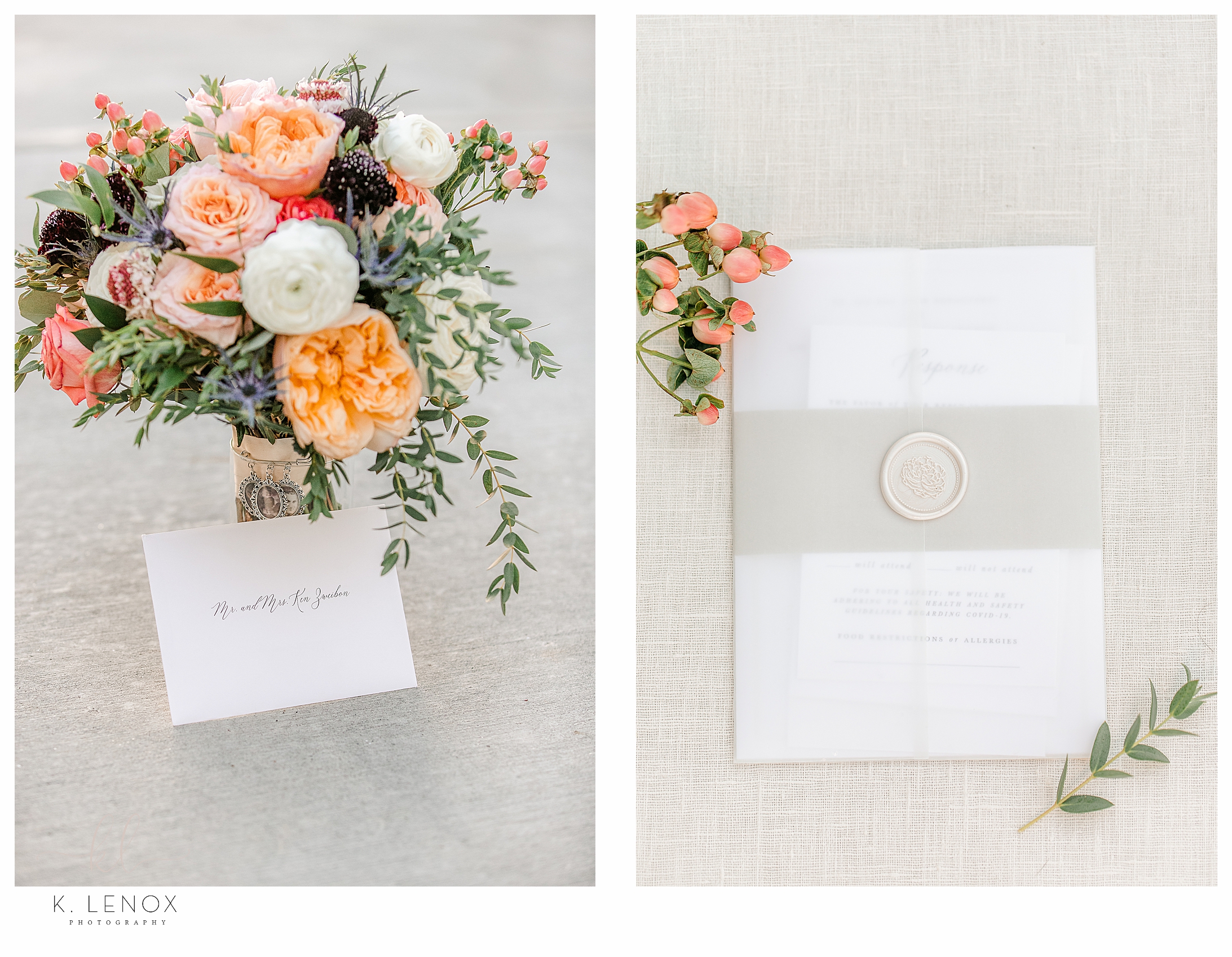 Flowers, Bridal bouquet and a wedding invitation. 