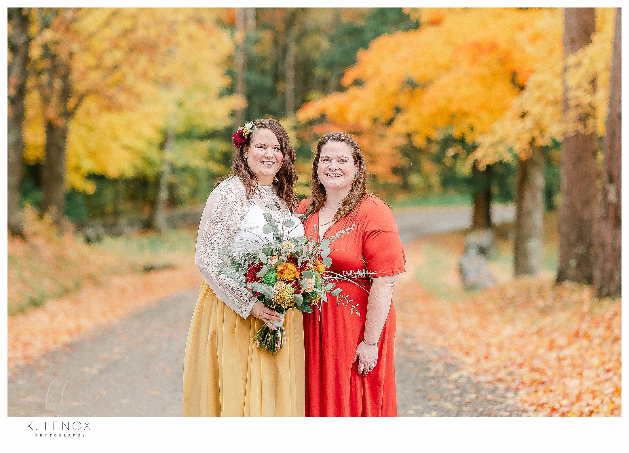 Fall Micro Wedding at Moran Estates- Bride and Friend wearing bright fall colors