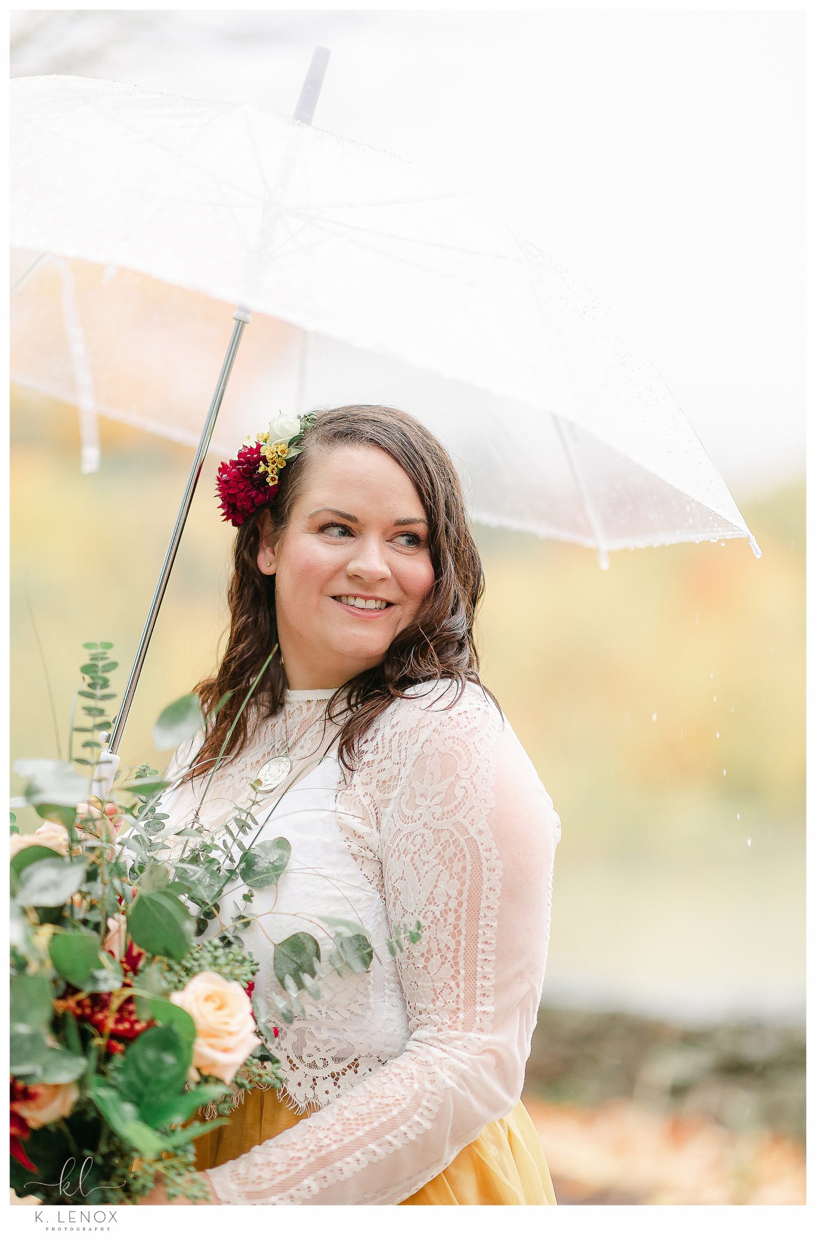 Fall MicroWedding at Moran Estates,  Bride and Groom- Rainy day portrait of a bride holding an umbrella