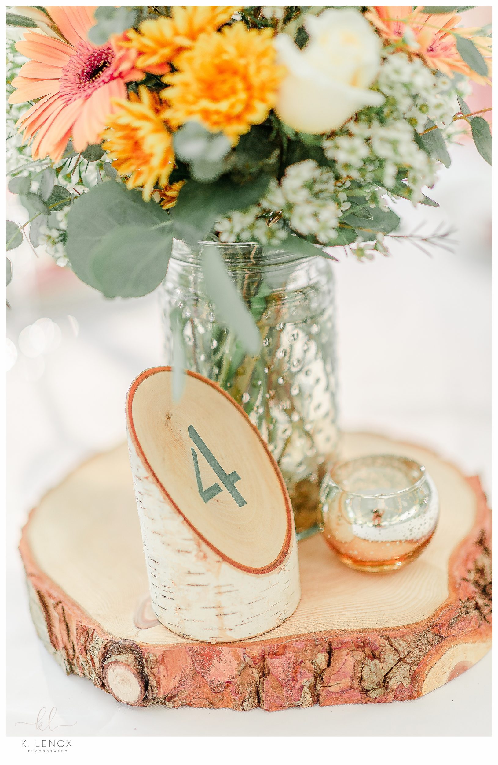 Simply Elegant Backyard Wedding-Floral and Birch centerpiece