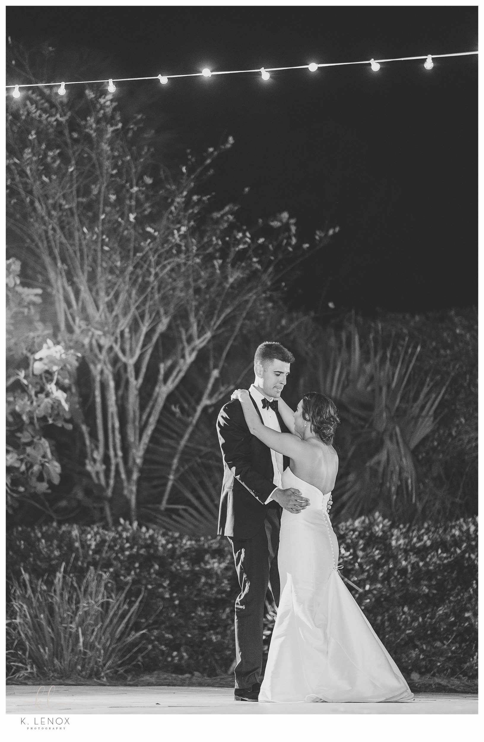 Black Tie Beach Wedding on Hilton Head- Black and White photo of the first dance with man and wife