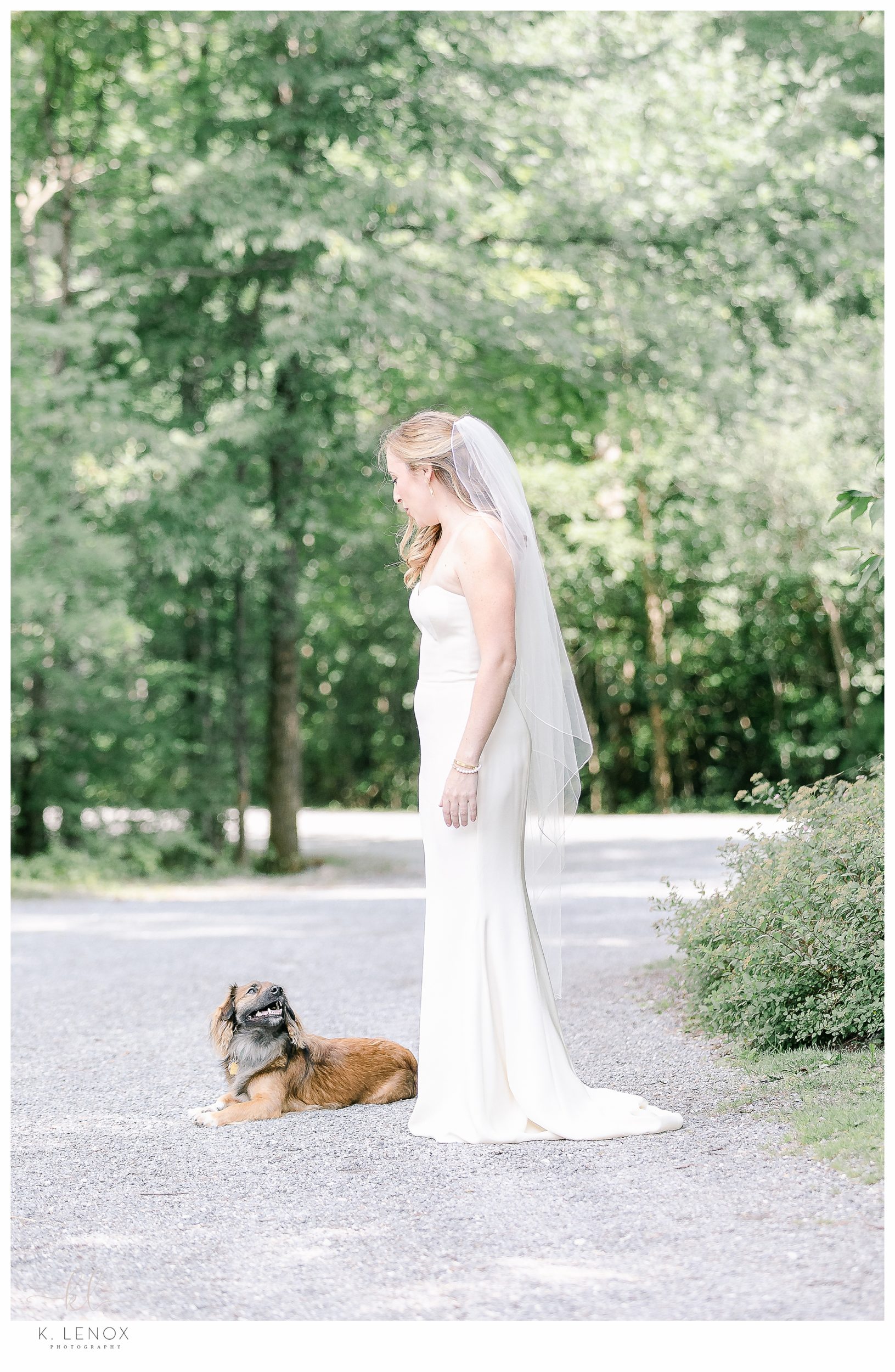 bride waits for bridal party with her dog, just before the wedding ceremony
