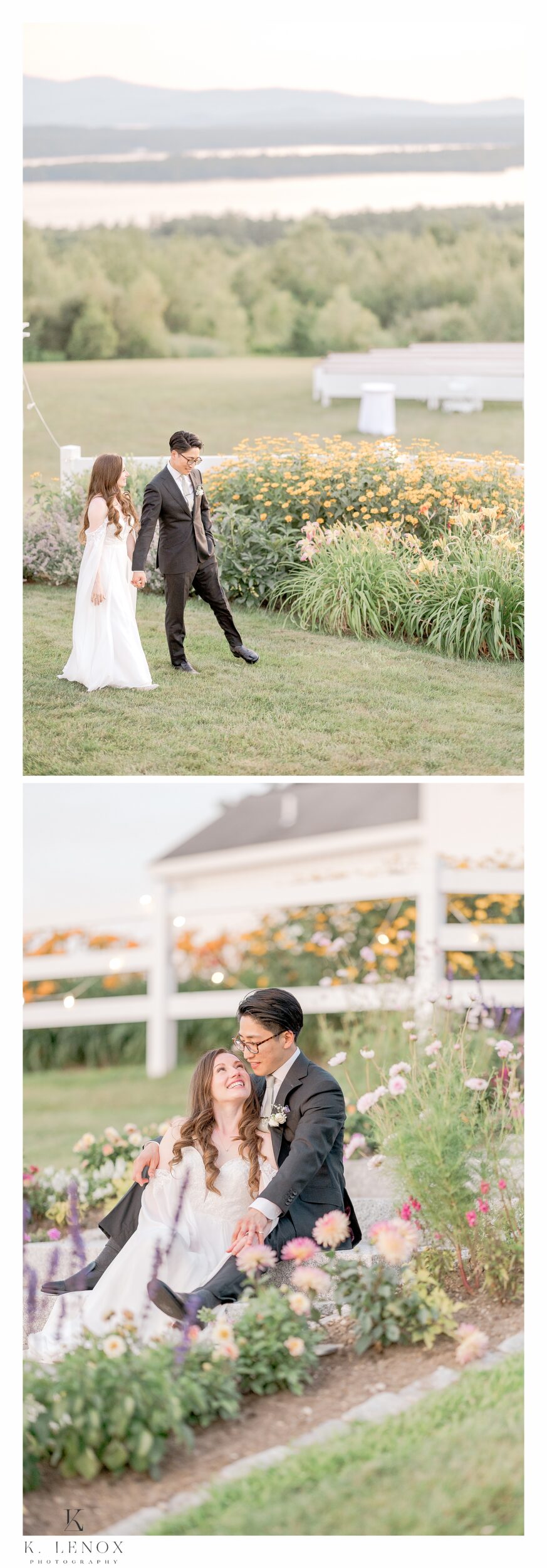 Bride and Groom walking hand in hand at their Wedding in Wolfeboro NH